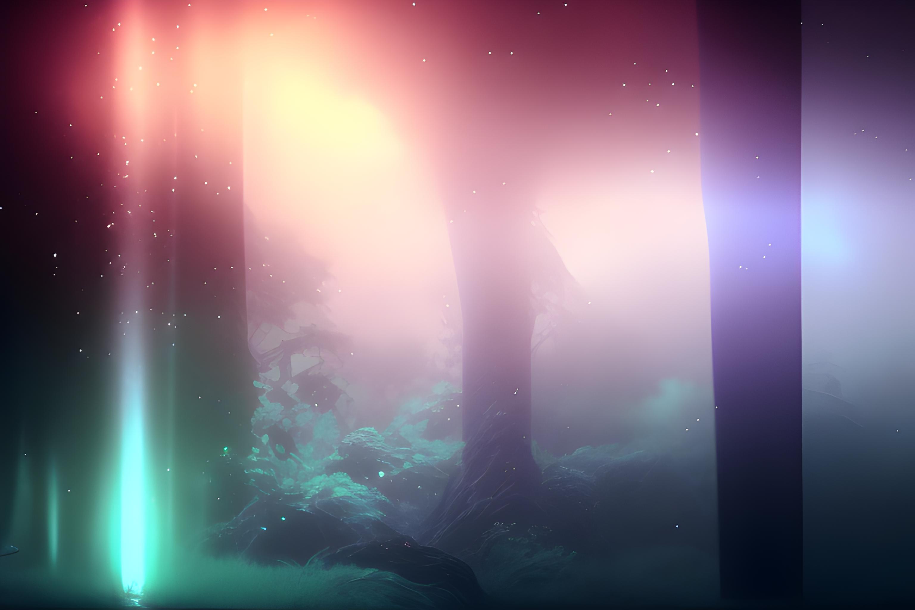 dark fantasy ambient background with very subtle glowing particles, deep blue and violet tones, sof…